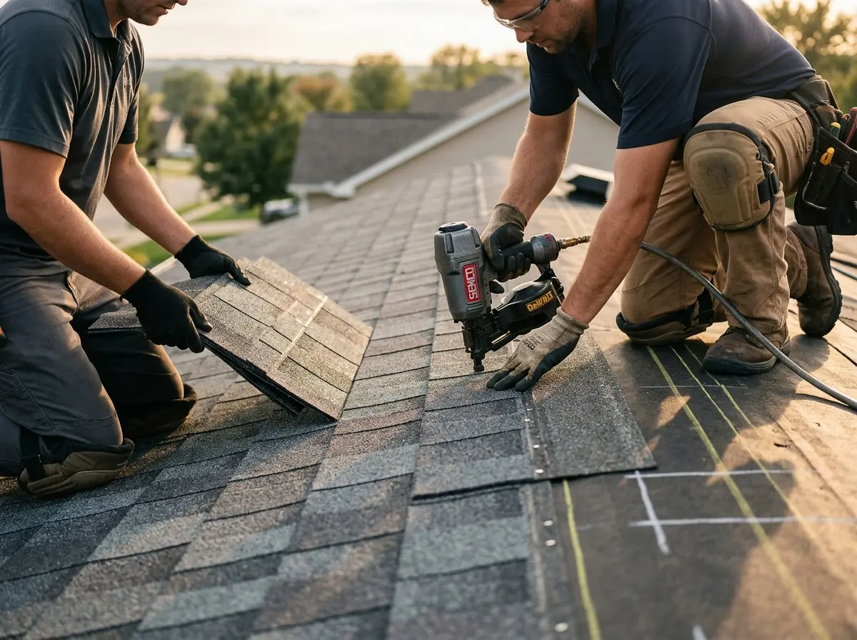 Professional roofer working on a residential roof in North Castle